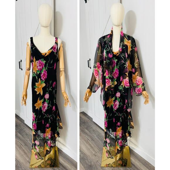 Vintage Robbie Bee Size 16W Floral 2 Piece Silk Slip Dress Jacket Y2K 90s Whimsy - Picture 1 of 16